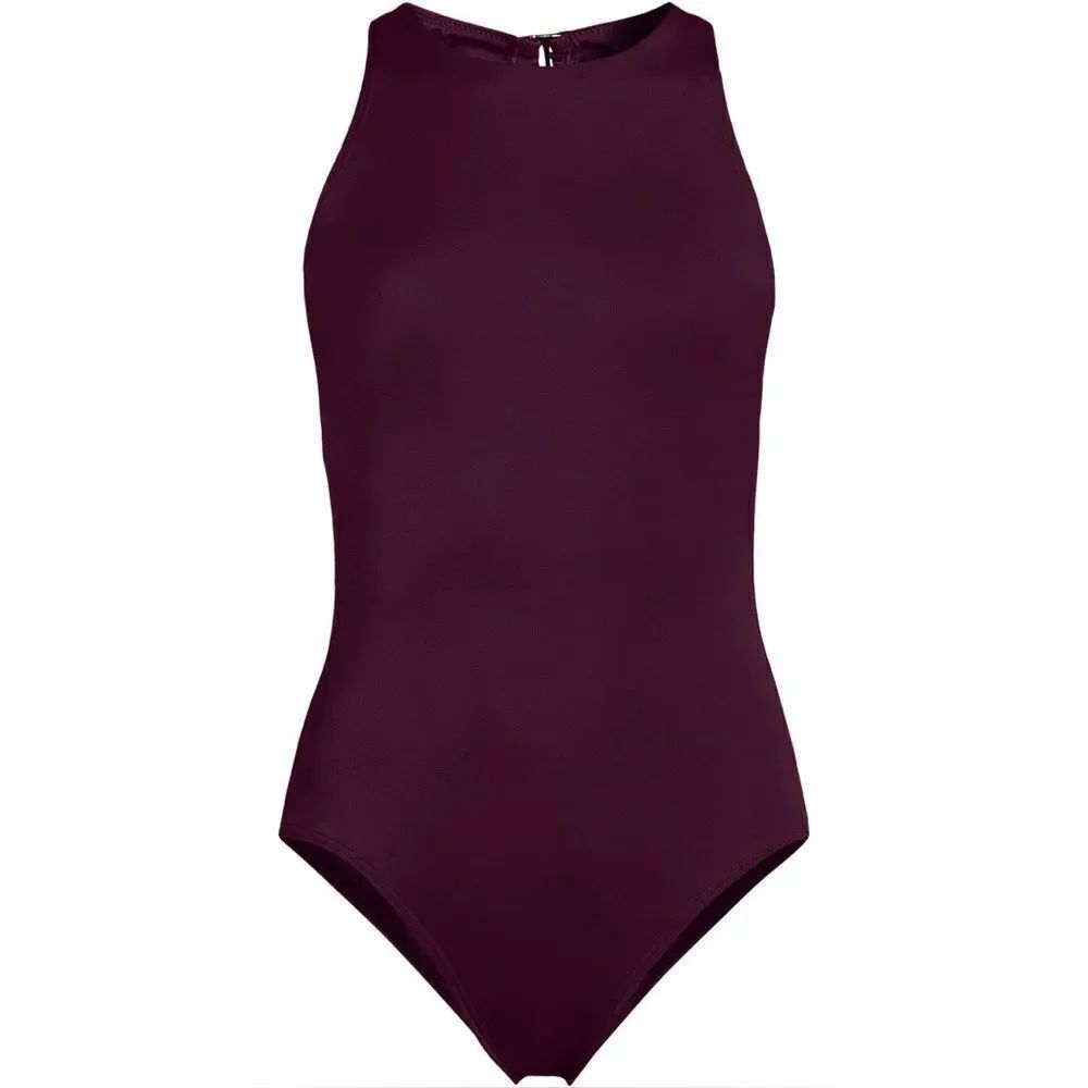 Land's End Plus size one piece swimsuit portrait back high neck Dark Wine 16W
